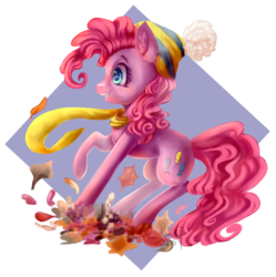 Size: 1280x1284 | Tagged: safe, artist:kukseleg, pinkie pie, g4, autumn, clothes, female, hat, leaves, raised hoof, scarf, solo, square background