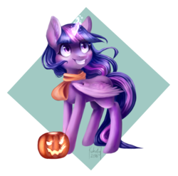Size: 1280x1264 | Tagged: safe, artist:kukseleg, twilight sparkle, alicorn, pony, g4, clothes, female, glowing horn, grin, horn, jack-o-lantern, looking up, magic, pumpkin, scarf, simple background, smiling, solo, transparent background, twilight sparkle (alicorn)