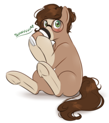 Size: 719x809 | Tagged: safe, artist:askbubblelee, oc, oc only, earth pony, pony, coffee, coffee cup, cup, cute, drinking, glasses, looking at you, solo, underhoof