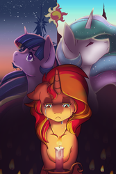 Size: 1024x1536 | Tagged: safe, artist:curiouskeys, princess celestia, sunset shimmer, twilight sparkle, alicorn, pony, unicorn, g4, candle, cover art, crying, fire, sunrise, twilight (astronomy), twilight sparkle (alicorn)