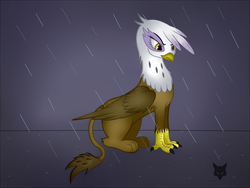 Size: 3264x2448 | Tagged: safe, artist:ollofkyser, gilda, griffon, g4, female, high res, rain, simple background, sitting, solo, upset, yellow eyes