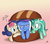 Size: 2400x2100 | Tagged: safe, artist:docwario, bon bon, lyra heartstrings, sweetie drops, trixie, pony, unicorn, g4, :o, :t, annoyed, bread, dialogue, floppy ears, food, frown, glare, gradient background, grumpy, high res, lidded eyes, looking at you, nose wrinkle, open mouth, pink background, prone, pun, sandwich, scrunchy face, simple background, smiling, trio, trixie's hat, visual pun, wavy mouth