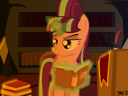 Size: 1600x1200 | Tagged: safe, artist:moonstrueck, starlight glimmer, g4, book, bookshelf, female, glowing horn, horn, huevember, magic, solo, telekinesis