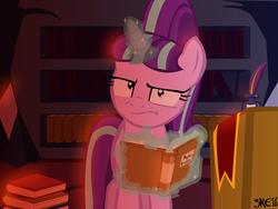 Size: 1600x1200 | Tagged: safe, artist:moonstrueck, starlight glimmer, g4, book, bookshelf, female, glowing horn, horn, huevember, magic, solo, telekinesis