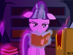 Size: 1600x1200 | Tagged: safe, artist:moonstrueck, starlight glimmer, g4, book, bookshelf, female, floppy ears, glowing horn, horn, huevember, magic, reading, solo, telekinesis