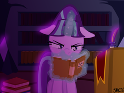 Size: 1600x1200 | Tagged: safe, artist:moonstrueck, starlight glimmer, g4, book, bookshelf, female, floppy ears, glowing horn, horn, huevember, magic, reading, solo, telekinesis