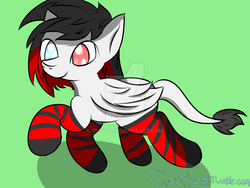 Size: 1024x768 | Tagged: safe, artist:cloufy, oc, oc only, pegasus, pony, clothes, female, green background, heterochromia, mare, no pupils, simple background, socks, solo, striped socks, trotting, watermark