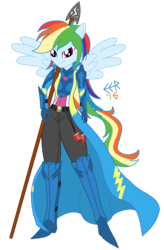 Size: 2301x3510 | Tagged: safe, artist:e-e-r, rainbow dash, equestria girls, g4, armor, cape, clothes, fantasy class, female, high res, knight, looking at you, pants, ponied up, simple background, solo, transparent background, warrior, weapon