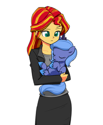 Size: 629x760 | Tagged: safe, artist:twilite-sparkleplz, princess luna, sunset shimmer, pony, equestria girls, g4, clothes, cute, eyes closed, filly, holding a pony, hug, lunabetes, skirt, sleeping, twilite-sparkleplz is trying to murder us, weapons-grade cute, woona, younger