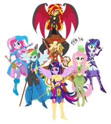 Size: 5793x6449 | Tagged: safe, artist:e-e-r, applejack, fluttershy, pinkie pie, rainbow dash, rarity, sunset shimmer, twilight sparkle, human, equestria girls, g4, absurd resolution, armor, clothes, fantasy class, group, humane five, humane seven, humane six, knight, ponied up, simple background, transparent background, warrior, weapon