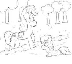 Size: 446x400 | Tagged: source needed, safe, artist:php162, apple bloom, applejack, g4, monochrome, mud, simple background, sketch, smiling, white background