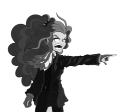 Size: 1148x1025 | Tagged: safe, artist:pedantczepialski, adagio dazzle, equestria girls, g4, ace attorney, alternate universe, crossover, equestria girls: the parody series, female, grayscale, miles edgeworth, monochrome, objection, pointing, simple background, solo, transparent background