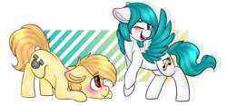 Size: 1024x478 | Tagged: safe, artist:h-analea, oc, oc only, oc:biscuit, oc:music moonblast, earth pony, pegasus, pony, blushing, duo