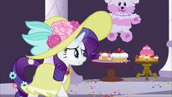 Size: 1920x1080 | Tagged: safe, screencap, rarity, pony, g4, sweet and elite, cake, clothes, dress, female, food, hat, mare, piñata, rarity looking at food, solo