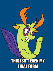 Size: 1500x2000 | Tagged: safe, artist:derpanater, thorax, changedling, changeling, g4, my little pony: friendship is magic, to where and back again, exploitable meme, floppy ears, grin, king thorax, looking at you, male, meme, raised eyebrow, simple background, smiling, smirk, smug, solo, spread wings, this isn't even my final form