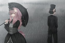 Size: 800x525 | Tagged: safe, artist:rainbowhitter, oc, oc only, anthro, clothes, dress, duo, female, hat, male, rain, suit, top hat, umbrella