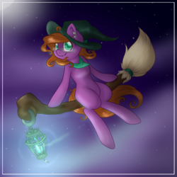 Size: 1280x1280 | Tagged: safe, artist:mondlichtkatze, oc, oc only, pony, broom, cloud, ear piercing, flying, flying broomstick, hat, lantern, night, night sky, piercing, sitting, smiling, solo, stars, witch, witch hat