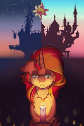 Size: 1024x1536 | Tagged: safe, alternate version, artist:curiouskeys, sunset shimmer, pony, g4, candle, canterlot castle, cover art, crying, female, fire, solo, stars, twilight (astronomy), twilight's castle