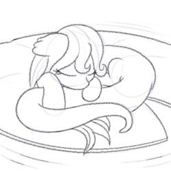 Size: 500x500 | Tagged: safe, artist:suspega, derpibooru exclusive, oc, oc only, oc:mave, alp-luachra, original species, badumsquish approved, curled up, lilypad, monochrome, sketch, sleeping, solo, water