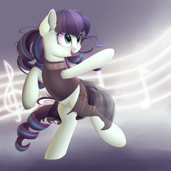 Size: 2000x2000 | Tagged: safe, artist:vanillaghosties, coloratura, earth pony, pony, g4, bipedal, clothes, ear fluff, female, high res, looking up, mare, music notes, open mouth, raised hoof, rara, singing, smiling, solo, standing
