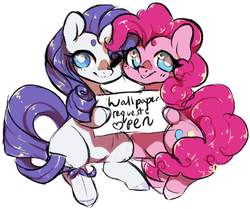 Size: 883x737 | Tagged: safe, artist:blastosunnydee, pinkie pie, rarity, g4, beanbrows, cute, duo, eyebrows, heart eyes, one eye closed, request, sign, simple background, white background, wingding eyes, wink