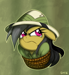 Size: 876x948 | Tagged: safe, artist:sorcerushorserus, daring do, g4, annoyed, bondage, bust, clothes, female, hat, portrait, restrained, rope, shirt, simple background, solo, tied up