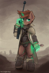 Size: 1280x1908 | Tagged: safe, artist:blvckmagic, oc, oc only, oc:caliber, pony, unicorn, semi-anthro, fallout equestria, anti-materiel rifle, armor, clothes, explicit source, glowing horn, gun, horn, knife, machete, magic hands, pose, rifle, solo, trenchcoat, weapon