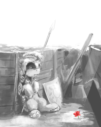 Size: 1259x1583 | Tagged: safe, artist:anticular, earth pony, pony, armor, battlefield, flower, grayscale, male, monochrome, neo noir, partial color, poppy, royal guard, sitting, solo, spear, trench, weapon, world war i