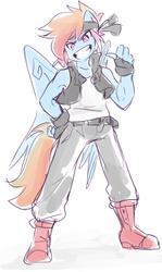 Size: 749x1256 | Tagged: safe, artist:thegreatrouge, rainbow dash, anthro, plantigrade anthro, g4, belt, boots, clothes, female, fingerless gloves, gloves, headband, pants, solo