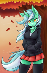 Size: 1155x1785 | Tagged: safe, artist:ambris, lyra heartstrings, unicorn, anthro, g4, adorasexy, autumn, blushing, breasts, busty lyra heartstrings, cleavage, clothes, curved horn, cute, cutie mark necklace, dig the swell hoodie, ear piercing, earring, female, hoodie, horn, implied lesbian, implied lyrabon, implied shipping, jewelry, lidded eyes, looking at you, lyrabetes, miniskirt, necklace, outdoors, piercing, sexy, skirt, smiling, socks, solo, stockings, sweater, thigh highs, tree, wind, zettai ryouiki