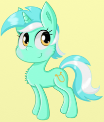 Size: 886x1033 | Tagged: safe, artist:springveil, lyra heartstrings, g4, cheek fluff, chest fluff, ear fluff, female, fluffy, looking back, simple background, smiling, solo, yellow background