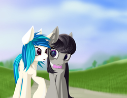 Size: 6600x5100 | Tagged: safe, artist:styroponyworks, dj pon-3, octavia melody, vinyl scratch, g4, absurd resolution, female, lesbian, meadow, ship:scratchtavia, shipping