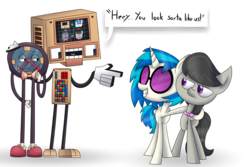 Size: 2743x1828 | Tagged: safe, artist:supercoco142, dj pon-3, octavia melody, vinyl scratch, earth pony, pony, unicorn, g4, bowtie, colin the computer, colored pupils, crossover, don't hug me i'm scared, female, mare, simple background, tony the talking clock, transparent background