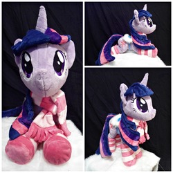 Size: 2000x2000 | Tagged: safe, artist:flutterplushies, twilight sparkle, g4, winter wrap up, clothes, high res, irl, photo, plushie, saddle, scarf, socks, solo, striped socks, tack