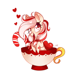 Size: 1200x1200 | Tagged: safe, artist:ipun, oc, oc only, earth pony, pony, blushing, candy, candy cane, cup, cup of pony, food, heart, heart eyes, micro, open mouth, simple background, smiling, solo, traditional art, transparent background, wingding eyes