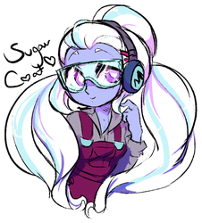Size: 590x654 | Tagged: safe, artist:blastosunnydee, sugarcoat, equestria girls, g4, my little pony equestria girls: friendship games, cute, earmuffs, female, long hair, looking at you, overalls, pigtails, safety goggles, signature, simple background, sketchy, smiling, solo, sugarcute, twintails, white background