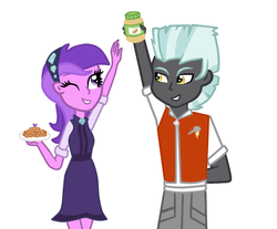 Size: 743x614 | Tagged: safe, artist:purpleloverpony, amethyst star, sparkler, thunderlane, equestria girls, g4, amethystlane, cookie, equestria girls-ified, flirting, food, male, peanut butter, shipping, straight, teasing, that pony sure loves peanut butter