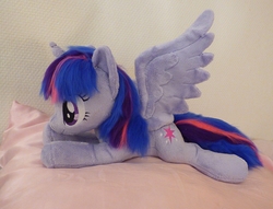 Size: 4000x3056 | Tagged: safe, artist:epicrainbowcrafts, twilight sparkle, alicorn, pony, g4, beanie (plushie), irl, photo, plushie, prone, solo, twilight sparkle (alicorn)