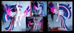 Size: 7576x3448 | Tagged: safe, artist:calusariac, twilight sparkle, alicorn, pony, g4, flying, irl, photo, plushie, rainbow power, solo, twilight sparkle (alicorn)