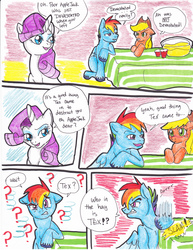 Size: 2552x3304 | Tagged: safe, artist:tristanjsolarez, applejack, rainbow dash, rarity, earth pony, pegasus, pony, unicorn, comic:trans ponies, g4, angry, comic, confused, female, implied tex, mare, question mark, rainbow blitz, simple background, traditional art, trans male, trans stallion rainbow dash, transgender