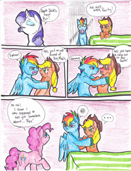 Size: 2552x3320 | Tagged: safe, artist:tristanjsolarez, applejack, pinkie pie, rainbow dash, rarity, earth pony, pegasus, pony, unicorn, comic:trans ponies, g4, comic, female, grave realization, half r63 shipping, implied tex, jealous, male, mare, pink background, rainbow blitz, rule 63, ship:appleblitz, ship:appledash, shipping, simple background, stallion, straight, transgender