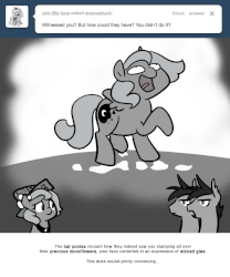 Size: 666x800 | Tagged: safe, artist:egophiliac, princess luna, oc, oc:frolicsome meadowlark, oc:sunshine smiles (egophiliac), bat pony, pony, moonstuck, g4, animated, cartographer's cap, filly, gif, grayscale, hat, meme, monochrome, moonflower, pure unfiltered evil, stomp, trollface, woona, woonoggles, younger