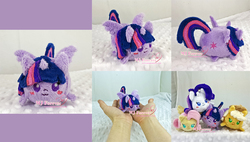 Size: 1300x740 | Tagged: safe, artist:moggymawee, applejack, fluttershy, rarity, twilight sparkle, alicorn, pony, g4, hand, irl, photo, plushie, tsum tsum, twilight sparkle (alicorn)