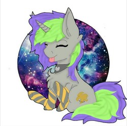 Size: 742x740 | Tagged: safe, artist:maydeathdousapart, oc, oc only, oc:frenzy nuke, pony, unicorn, chest fluff, clothes, collar, digital art, eyes closed, sitting, socks, solo, striped socks, tongue out