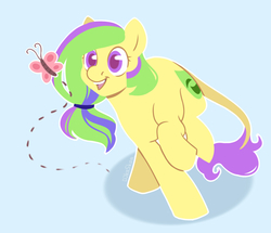 Size: 2564x2205 | Tagged: safe, artist:djkaskan, derpibooru exclusive, oc, oc only, butterfly, pony, happy, high res, multicolored hair, running, smiling, solo