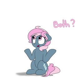 Size: 1280x1280 | Tagged: safe, artist:victoreach, oc, oc only, oc:juicy dream, pony, dialogue, floppy ears, haunches, legally blonde, looking up, open mouth, question mark, shadow, shrug, simple background, smiling, solo, white background