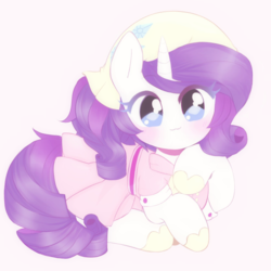 Size: 1280x1280 | Tagged: dead source, safe, artist:lovefool2, rarity, pony, unicorn, g4, sleepless in ponyville, :3, blushing, camping outfit, clothes, cute, dress, female, looking at you, mare, prone, raribetes, simple background, solo