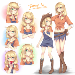 Size: 1000x1000 | Tagged: safe, artist:elaphine, applejack, human, g4, anime, apple, belly button, blushing, boots, clothes, cute, daisy dukes, dungarees, food, front knot midriff, humanized, jackabetes, midriff, self paradox, shirt, shorts, simple background, t-shirt, teenage applejack, white background