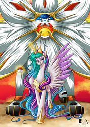 Size: 1013x1433 | Tagged: safe, artist:allocen, princess celestia, alicorn, pony, solgaleo, g4, crossover, female, magic, mare, poké ball, pokémon, pokémon sun and moon, smirk, spread wings, telekinesis