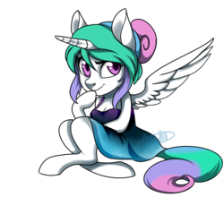 Size: 1024x903 | Tagged: safe, artist:dragonfruitdarigan, princess celestia, anthro, unguligrade anthro, g4, alternate hairstyle, arm hooves, breasts, cleavage, clothes, dress, female, hair bun, hoof on chin, simple background, sitting, smiling, solo, spread wings, transparent background